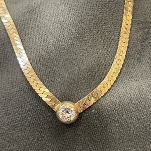 VTG Costume Piece Gold Tone Herringbone Chain Choker Collar Necklace Rhinestone